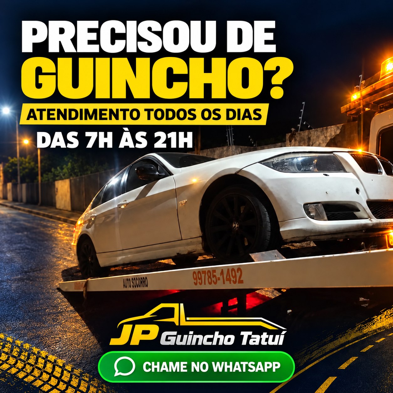 Precisou de guincho? Atendimento todos os dias, das 7h às 21h. Chame a JP Guincho Tatuí no WhatsApp.